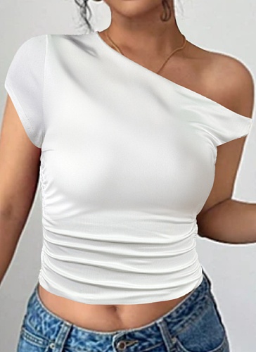 New Style Oblique Collar Sexy Pleated Navel-Baring Hot Girl Tops For Women
