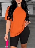 Fashion Solid Color O-Neck Loose Top Sports Slim Shorts Two-Piece Set