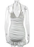 Women's White Deep V Neck Backless Sexy Pleated Dress