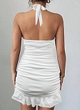 Women's White Deep V Neck Backless Sexy Pleated Dress
