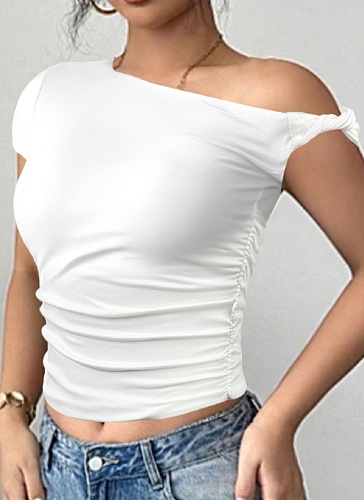 New Style Oblique Collar Sexy Pleated Navel-Baring Hot Girl Tops For Women