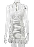 Women's White Deep V Neck Backless Sexy Pleated Dress