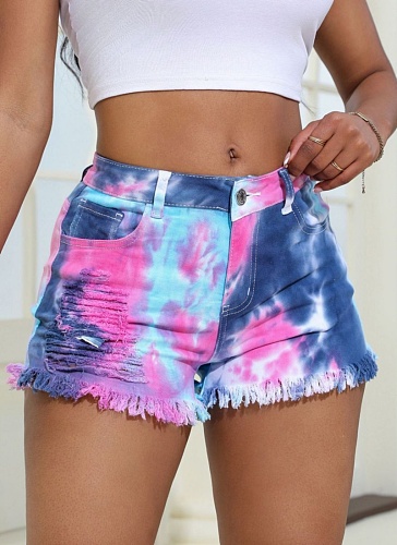 Fashion Tie-Dye Ripped Oversized Women'S Denim Shorts