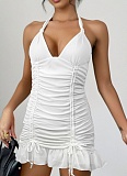 Women's White Deep V Neck Backless Sexy Pleated Dress