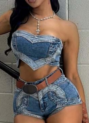 Fashion Sexy High Elastic Heart-Shaped Vest Shorts Denim Two-Piece Suit For Women