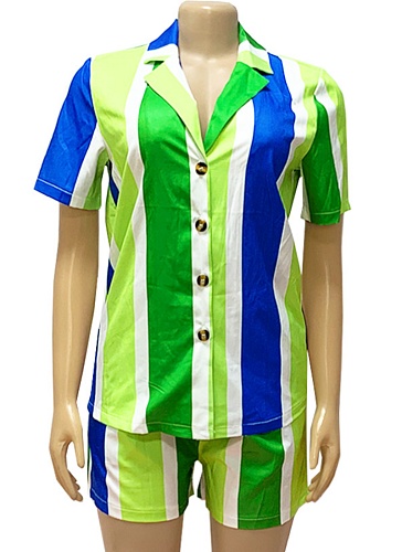 Summer Casual Striped Shirt Shorts Holiday Style Two-Piece Suit For Women