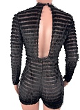 Women's See-through Thin Faux Fur Sexy Long Sleeve Jumpsuit