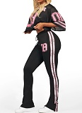 Fashion V-Neck Net Eye Letter Print Top Slightly Flared Pants Two-Piece Suit For Women