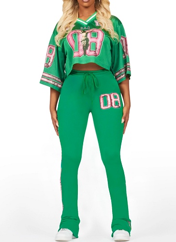 Fashion V-Neck Net Eye Letter Print Top Slightly Flared Pants Two-Piece Suit For Women