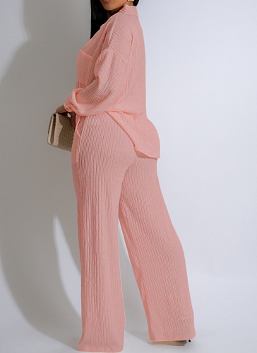 Elastic Wrinkled Lapel Shirt With Multi-Pocket Wide-Leg Pants Two-Piece Suit