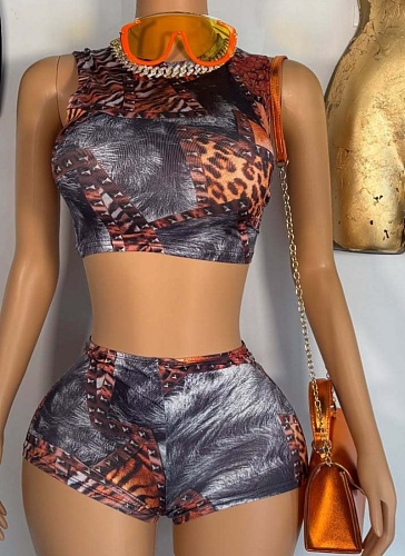Tight Sexy 3D Printed Sleeveless Top And Shorts Two-Piece Suit For Women