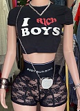 Sexy Letter Print Tops Casual Lace Shorts Two Piece Hot Girl