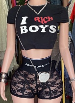 Sexy Letter Print Tops Casual Lace Shorts Two Piece Hot Girl