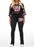 Fashion V-Neck Net Eye Letter Print Top Slightly Flared Pants Two-Piece Suit For Women