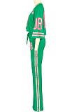Fashion V-Neck Net Eye Letter Print Top Slightly Flared Pants Two-Piece Suit For Women