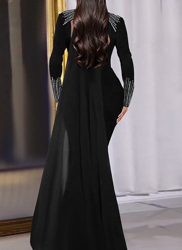 Fashionable And Elegant Transparent Perm Diamond Long Sleeve Tight Dress For Women