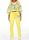 Fashion V-Neck Net Eye Letter Print Top Slightly Flared Pants Two-Piece Suit For Women