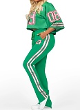 Fashion V-Neck Net Eye Letter Print Top Slightly Flared Pants Two-Piece Suit For Women