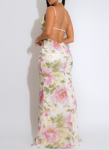 Sexy Suspender V-Neck High Slit Sequined Print Dress For Women