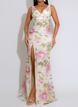 Sexy Suspender V-Neck High Slit Sequined Print Dress For Women