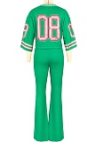 Fashion V-Neck Net Eye Letter Print Top Slightly Flared Pants Two-Piece Suit For Women