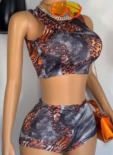 Tight Sexy 3D Printed Sleeveless Top And Shorts Two-Piece Suit For Women
