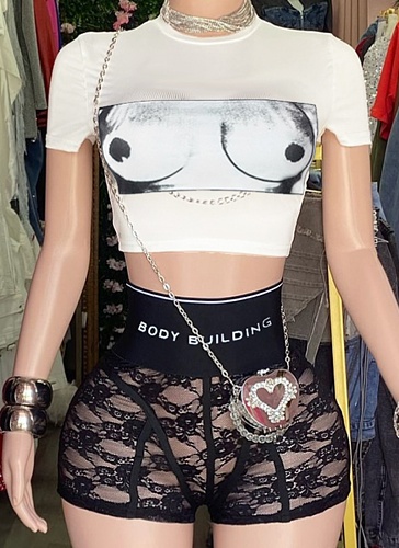 Sexy Letter Print Tops Casual Lace Shorts Two Piece Hot Girl