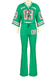 Fashion V-Neck Net Eye Letter Print Top Slightly Flared Pants Two-Piece Suit For Women