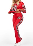Fashion V-Neck Net Eye Letter Print Top Slightly Flared Pants Two-Piece Suit For Women