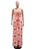 Women'S Sleeveless Lace-Up Top Printed Jumpsuit