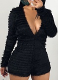 Women's See-through Thin Faux Fur Sexy Long Sleeve Jumpsuit