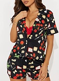 Casual Home Comfort Lapel Single Breasted Shirt Drawstring Shorts Two Piece Set Women