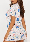 Casual Home Comfort Lapel Single Breasted Shirt Drawstring Shorts Two Piece Set Women