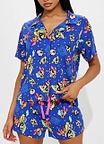 Casual Home Comfort Lapel Single Breasted Shirt Drawstring Shorts Two Piece Set Women