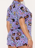 Casual Home Comfort Lapel Single Breasted Shirt Drawstring Shorts Two Piece Set Women