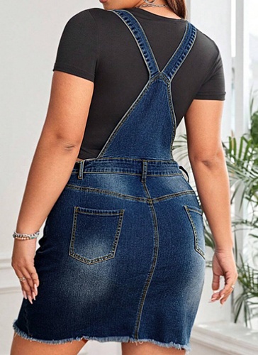 Women'S Dark Blue Suspenders Large Size Denim Dress