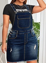 Women'S Dark Blue Suspenders Large Size Denim Dress