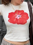 Summer Street Fashion Print Round Neck Short Sleeve Navel Exposed T-Shirt For Women