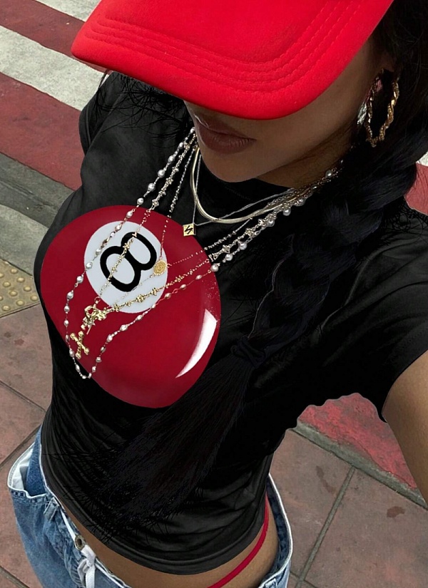 Summer Round Neck Casual 8 Ball Print Short Sleeve Navel Exposed T-Shirt For Women