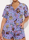 Casual Home Comfort Lapel Single Breasted Shirt Drawstring Shorts Two Piece Set Women
