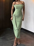 Green Fashion Sexy Backless Pleated Slit Slim Dress For Women