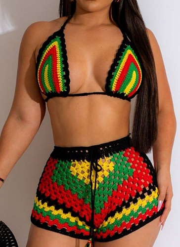 Women'S Woven Color Matching Beach Shorts Two Piece Suit