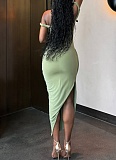 Green Fashion Sexy Backless Pleated Slit Slim Dress For Women