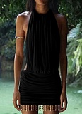 Sexy Halterneck Sleeveless Hip-Wrapped Stitching Tassel Bead Dress For Women