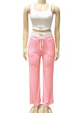 Fashion Sports Vest High Waist Drawstring Wide Leg Pants Two Piece Suit For Women
