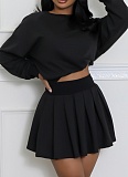 New Casual Long Sleeve Top Pleated Mini Skirt Two-Piece Suit For Women