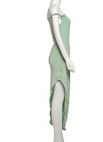 Green Fashion Sexy Backless Pleated Slit Slim Dress For Women