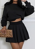 New Casual Long Sleeve Top Pleated Mini Skirt Two-Piece Suit For Women