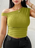 Green Casual Solid Color Oblique Shoulder Knitted Trendy T-Shirt For Women