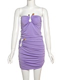 Sexy Solid Color Sleeveless Chest-Wrapped Top Metal Button Hip Skirt Two-Piece Set